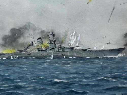 fig 2. A framed watercolour painting depicting naval warships amidst explosions on stormy blue seas, enclosed in a gilded frame with a light mount.