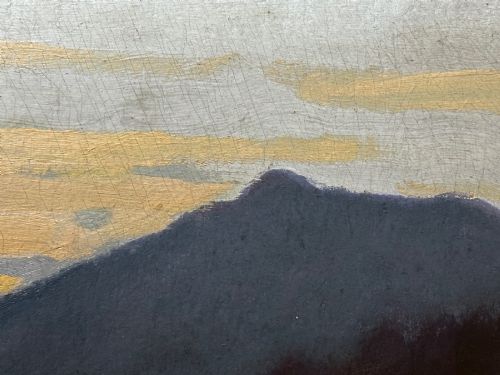 fig 2. An oil painting on canvas depicting a Scottish mountain landscape under a pale yellow sky, framed in a moulded gold frame with a linen inner slip.