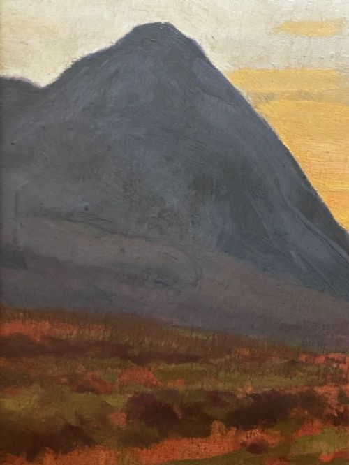 fig 4. An oil painting on canvas depicting a Scottish mountain landscape under a pale yellow sky, framed in a moulded gold frame with a linen inner slip.