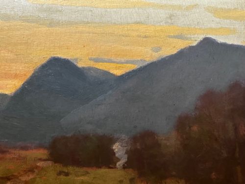 fig 5. An oil painting on canvas depicting a Scottish mountain landscape under a pale yellow sky, framed in a moulded gold frame with a linen inner slip.