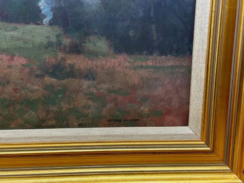 fig 8. An oil painting on canvas depicting a Scottish mountain landscape under a pale yellow sky, framed in a moulded gold frame with a linen inner slip.