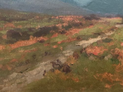 fig 9. An oil painting on canvas depicting a Scottish mountain landscape under a pale yellow sky, framed in a moulded gold frame with a linen inner slip.