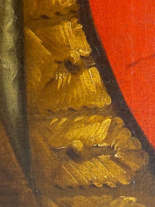 fig 11. An 18th-century oil portrait depicting a gentleman in a red military coat and long curly wig, presented in a carved gold-leaf frame.