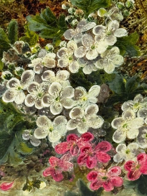 fig 3. A Victorian oil painting depicting white and pink blossoms alongside a bird nest with three blue eggs, framed in an ornate pierced gold leaf frame.