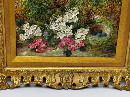 fig 5. A Victorian oil painting depicting white and pink blossoms alongside a bird nest with three blue eggs, framed in an ornate pierced gold leaf frame.