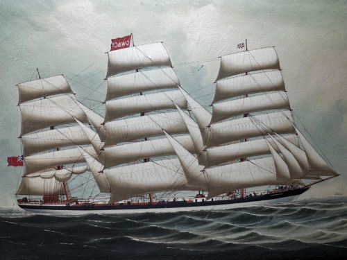 fig 2. A framed oil painting depicting a three-masted sailing ship navigating dark blue seas under a cloudy sky within a gold gilt frame.