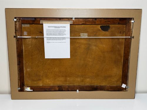 fig 11. A framed oil painting depicting a three-masted sailing ship navigating dark blue seas under a cloudy sky within a gold gilt frame.