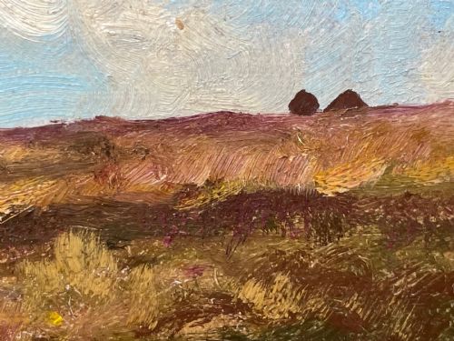 fig 3. An oil painting depicting an open Exmoor moorland with purple heather under a blue sky, set within a wide gilded wooden frame.