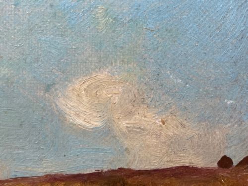 fig 4. An oil painting depicting an open Exmoor moorland with purple heather under a blue sky, set within a wide gilded wooden frame.