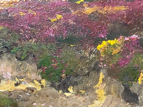 fig 7. An oil painting depicting an open Exmoor moorland with purple heather under a blue sky, set within a wide gilded wooden frame.