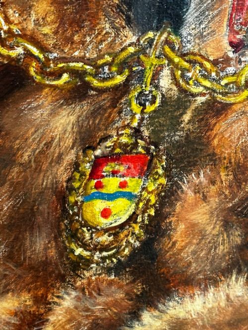 fig 5. A mid-century framed oil painting on canvas depicting a seated gentleman wearing red mayoral robes, fur trim, and a gold chain against a dark green background.