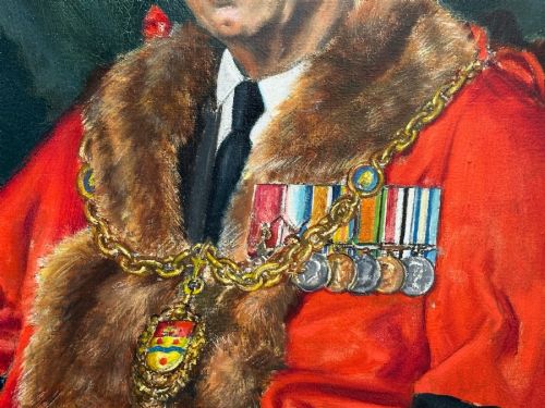fig 8. A mid-century framed oil painting on canvas depicting a seated gentleman wearing red mayoral robes, fur trim, and a gold chain against a dark green background.