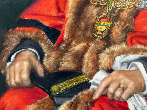 fig 10. A mid-century framed oil painting on canvas depicting a seated gentleman wearing red mayoral robes, fur trim, and a gold chain against a dark green background.
