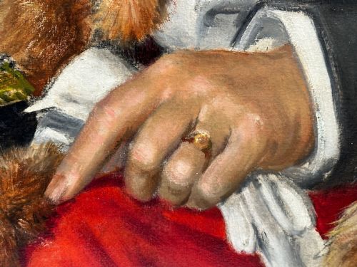 fig 12. A mid-century framed oil painting on canvas depicting a seated gentleman wearing red mayoral robes, fur trim, and a gold chain against a dark green background.