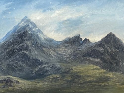 fig 3. A Victorian oil painting depicting the mountain peak of Sgurr nan Gillean in Skye, housed in a wide ornate gold gilt frame.
