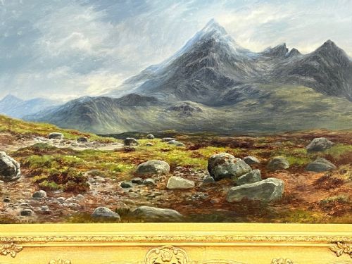 fig 5. A Victorian oil painting depicting the mountain peak of Sgurr nan Gillean in Skye, housed in a wide ornate gold gilt frame.