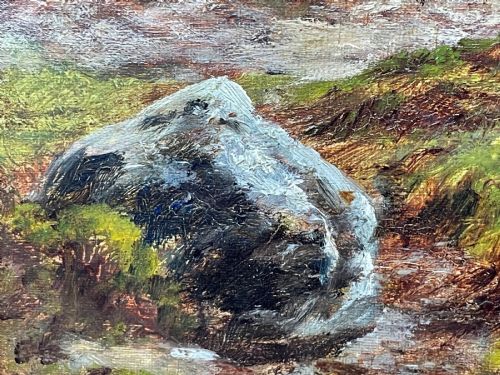 fig 6. A Victorian oil painting depicting the mountain peak of Sgurr nan Gillean in Skye, housed in a wide ornate gold gilt frame.