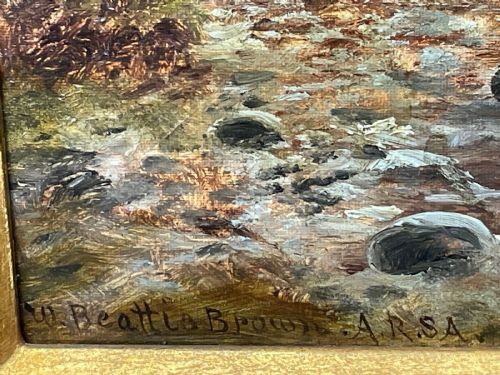 fig 11. A Victorian oil painting depicting the mountain peak of Sgurr nan Gillean in Skye, housed in a wide ornate gold gilt frame.