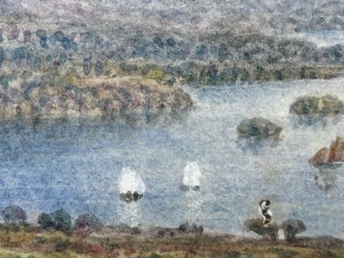 fig 13. An antique Edwardian watercolour painting depicting Lake Windermere with distant hills, trees, and small boats, framed in gilt with a cream mount.