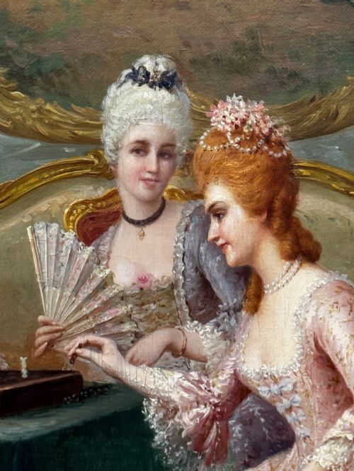 fig 3. An 19th-century framed oil painting depicting figures in period attire gathered around a table engaged in a game of chess.