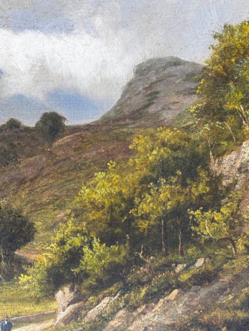 fig 1. A Victorian landscape oil painting depicting a Cumbrian valley with mountains and cattle, set within an ornate gilded frame.