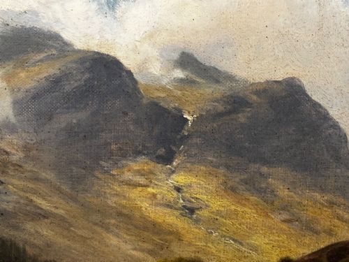 fig 8. A Victorian landscape oil painting depicting a Cumbrian valley with mountains and cattle, set within an ornate gilded frame.