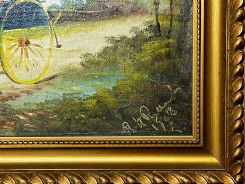 fig 1. A rectangular framed oil painting depicting two horses drawing a carriage with passengers along a rural dirt road in a gilded twist-moulded frame.