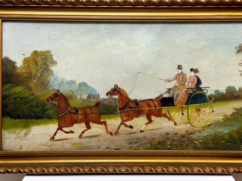 fig 2. A rectangular framed oil painting depicting two horses drawing a carriage with passengers along a rural dirt road in a gilded twist-moulded frame.