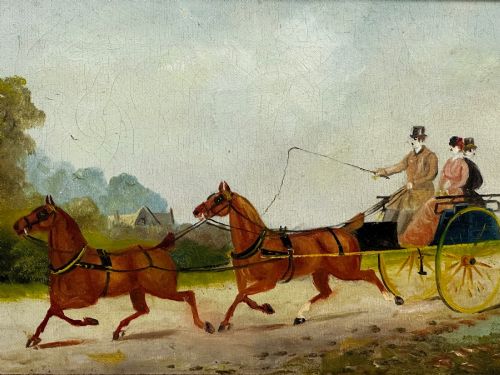 fig 3. A rectangular framed oil painting depicting two horses drawing a carriage with passengers along a rural dirt road in a gilded twist-moulded frame.