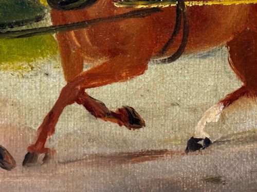 fig 6. A rectangular framed oil painting depicting two horses drawing a carriage with passengers along a rural dirt road in a gilded twist-moulded frame.