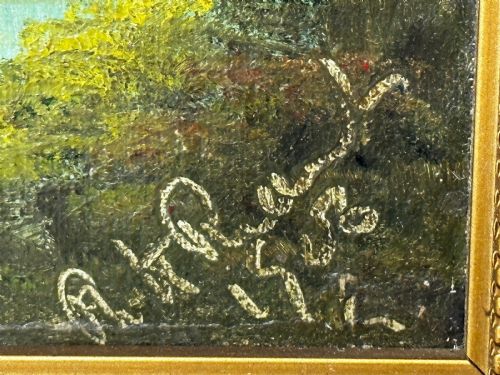 fig 8. A rectangular framed oil painting depicting two horses drawing a carriage with passengers along a rural dirt road in a gilded twist-moulded frame.