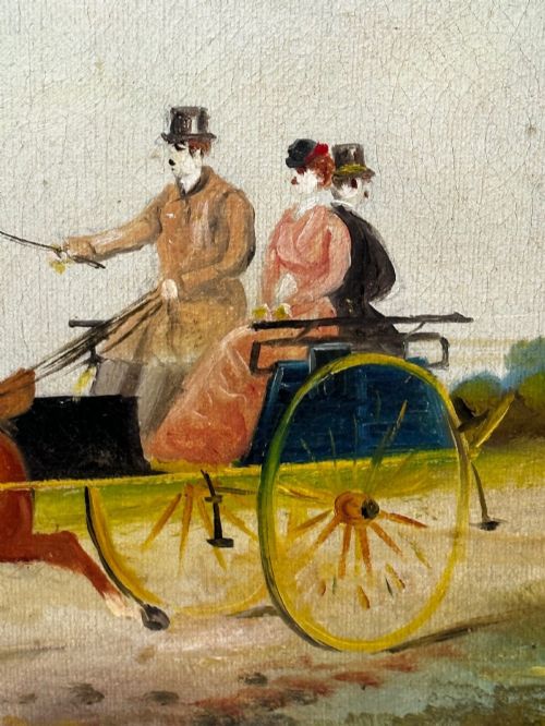fig 11. A rectangular framed oil painting depicting two horses drawing a carriage with passengers along a rural dirt road in a gilded twist-moulded frame.