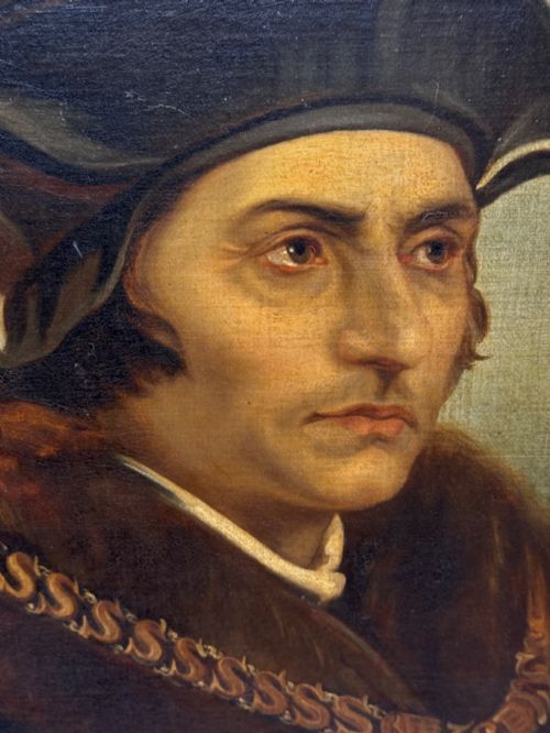 fig 6. An oil painting on canvas depicting Sir Thomas More wearing a Tudor velvet cap and chain of office, enclosed within an ornate gilt wooden frame.