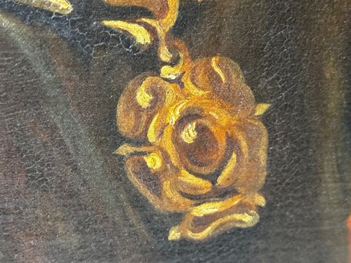 fig 13. An oil painting on canvas depicting Sir Thomas More wearing a Tudor velvet cap and chain of office, enclosed within an ornate gilt wooden frame.