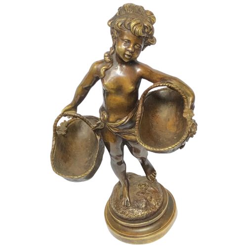 Signed Auguste Moreau French Bronze Girl Carrying Flower Baskets