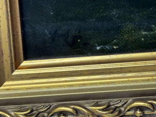 fig 2. An antique oil painting depicting a burning nineteenth-century ship on a dark sea, enclosed in a heavily moulded gold gilt frame.