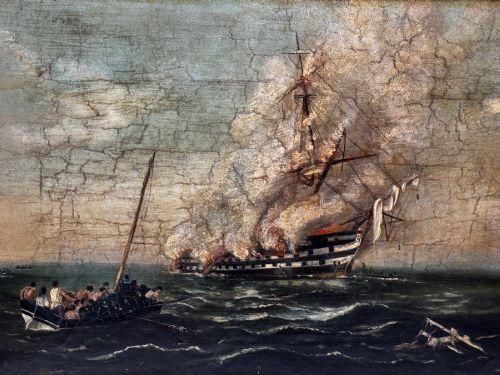fig 3. An antique oil painting depicting a burning nineteenth-century ship on a dark sea, enclosed in a heavily moulded gold gilt frame.