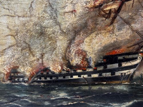 fig 4. An antique oil painting depicting a burning nineteenth-century ship on a dark sea, enclosed in a heavily moulded gold gilt frame.