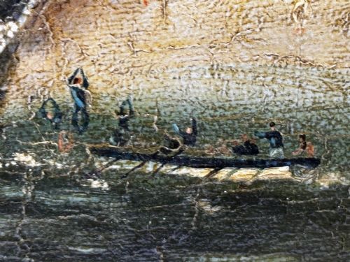 fig 5. An antique oil painting depicting a burning nineteenth-century ship on a dark sea, enclosed in a heavily moulded gold gilt frame.