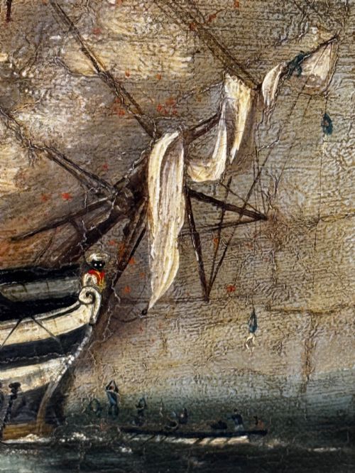 fig 6. An antique oil painting depicting a burning nineteenth-century ship on a dark sea, enclosed in a heavily moulded gold gilt frame.