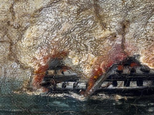 fig 7. An antique oil painting depicting a burning nineteenth-century ship on a dark sea, enclosed in a heavily moulded gold gilt frame.