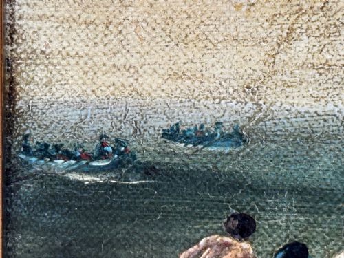 fig 8. An antique oil painting depicting a burning nineteenth-century ship on a dark sea, enclosed in a heavily moulded gold gilt frame.