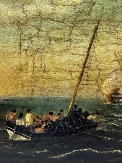 fig 10. An antique oil painting depicting a burning nineteenth-century ship on a dark sea, enclosed in a heavily moulded gold gilt frame.