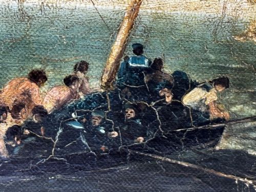 fig 11. An antique oil painting depicting a burning nineteenth-century ship on a dark sea, enclosed in a heavily moulded gold gilt frame.