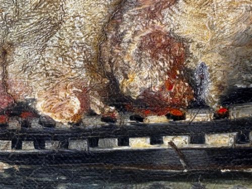 fig 12. An antique oil painting depicting a burning nineteenth-century ship on a dark sea, enclosed in a heavily moulded gold gilt frame.