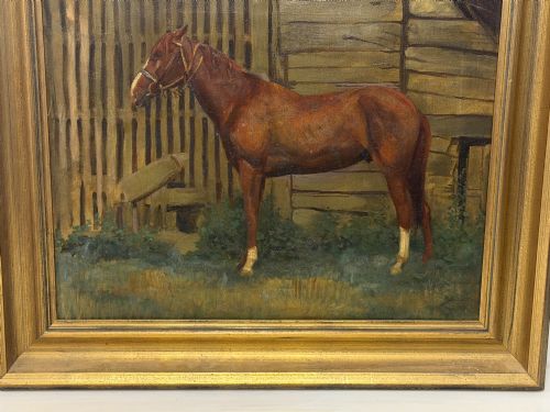 fig 3. A framed oil painting depicting a brown horse standing in profile in front of a weathered wooden barn structure.