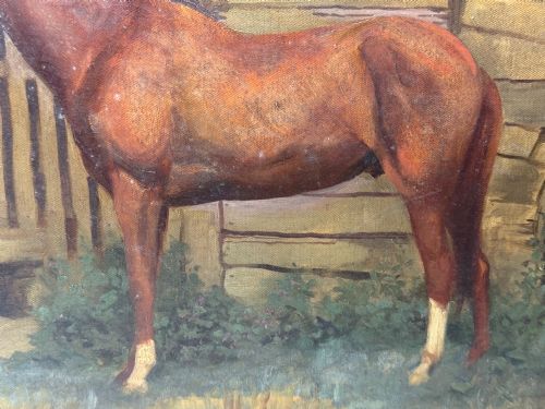 fig 6. A framed oil painting depicting a brown horse standing in profile in front of a weathered wooden barn structure.