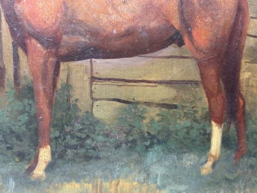 fig 7. A framed oil painting depicting a brown horse standing in profile in front of a weathered wooden barn structure.