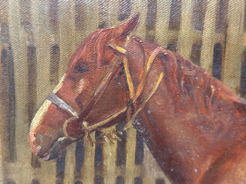 fig 8. A framed oil painting depicting a brown horse standing in profile in front of a weathered wooden barn structure.