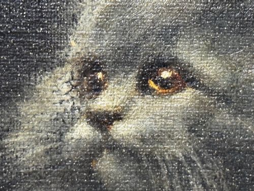 fig 1. An antique framed oil painting depicting five grey and cream Persian kittens positioned around a wicker basket and a floral porcelain teapot.